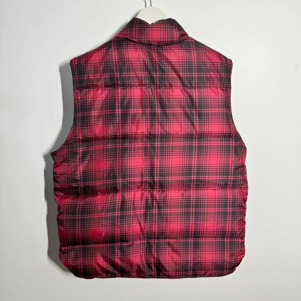 LL Bean Vest Mens‎ M Red Black Buffalo Plaid Snap Goose Down Vintage Insulated